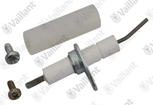 Vaillant Zündelektrode mit gebogenem Ende und zwei Schrauben. Die Elektrode hat eine metallische Halterung und einen Keramikkörper.